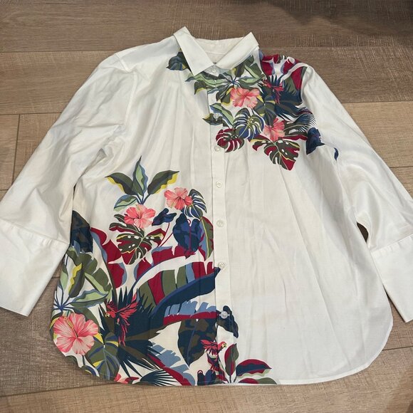 Chicos Womens Tropical Print Button-Up Shirt Size 12 Cotton Blend 3/4 Sleeves - Picture 1 of 8